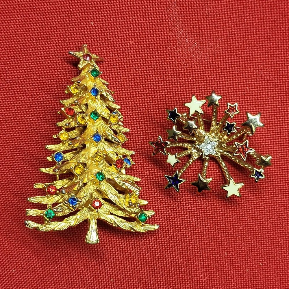 VTG Rhinestone Golden Christmas Tree & Starburst Brooch Lapel Pin Set of 2